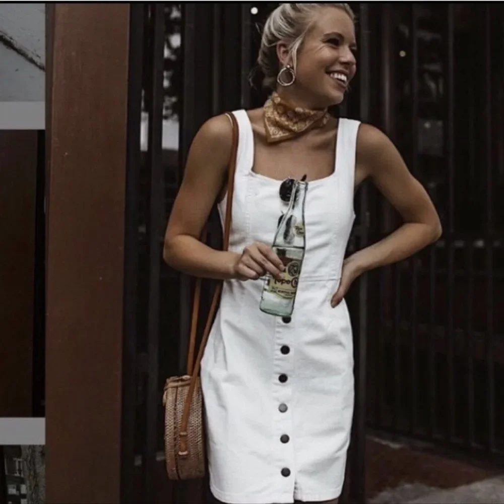 Urban Outfitters Button Down Denim Mini Dress White | US 10 - Picture 1 of 7